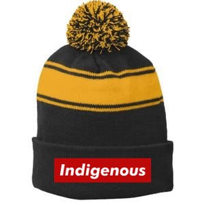 Native Indigenous Red Block Background With White Letters Stripe Pom Pom Beanie