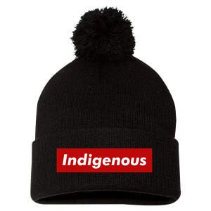 Native Indigenous Red Block Background With White Letters Pom Pom 12in Knit Beanie