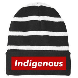 Native Indigenous Red Block Background With White Letters Striped Beanie with Solid Band