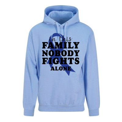 Nobody In This Family Fights Alone Colon Cancer Awareness Unisex Surf Hoodie