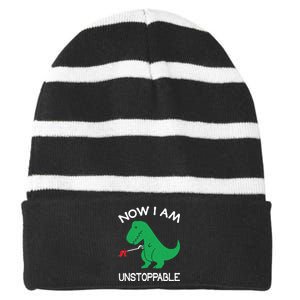 Now I'm Unstoppable - Funny T-Rex Dinosaur Striped Beanie with Solid Band