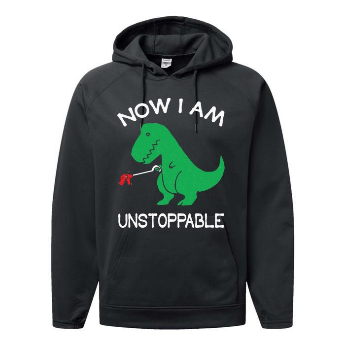 Now I'm Unstoppable Funny TRex Dinosaur Performance Fleece Hoodie