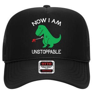 Now I'm Unstoppable Funny TRex Dinosaur High Crown Mesh Back Trucker Hat