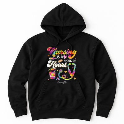 Nursing Is Work Of Heart Scrub Tie Dye Stethoscope Nurse Hoodie