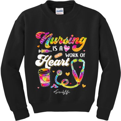 Nursing Is Work Of Heart Scrub Tie Dye Stethoscope Nurse Kids Sweatshirt