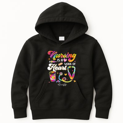 Nursing Is Work Of Heart Scrub Tie Dye Stethoscope Nurse Kids Hoodie