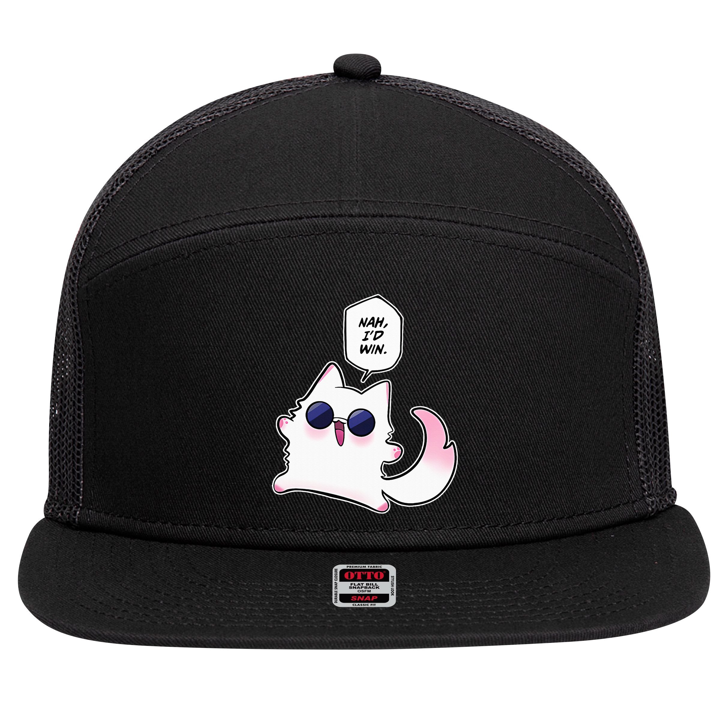 Nah ID Win Gojo Cat Meme 7 Panel Mesh Trucker Snapback Hat