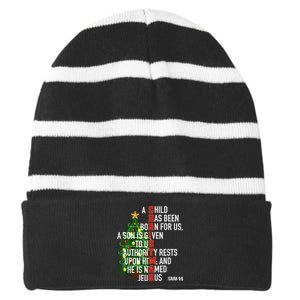 Nativity Jesus Christian Bible Verse Christmas Tree Lights Striped Beanie with Solid Band