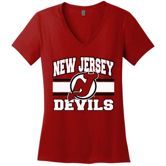 New Jersey Devils Stripe Red Women's V-Neck T-Shirt