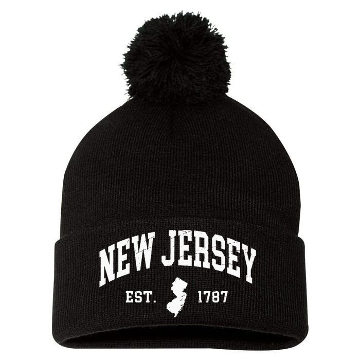 New Jersey Est 1787 Distressed Worn Design Classic Pom Pom 12in Knit Beanie