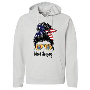 New Jersey Girl New Jersey Flag State Girlfriend Messy Bun Performance Fleece Hoodie