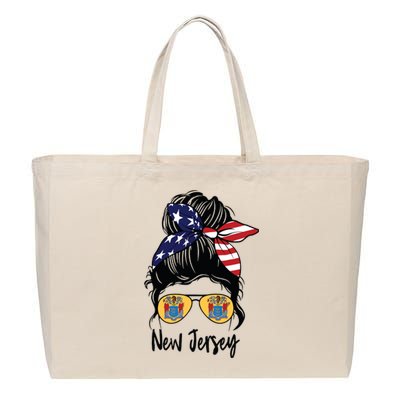 New Jersey Girl New Jersey Flag State Girlfriend Messy Bun Cotton Canvas Jumbo Tote