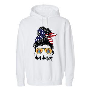 New Jersey Girl New Jersey Flag State Girlfriend Messy Bun Garment-Dyed Fleece Hoodie