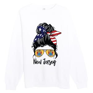 New Jersey Girl New Jersey Flag State Girlfriend Messy Bun Premium Crewneck Sweatshirt