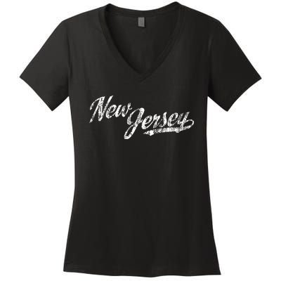 New Jersey Nj Vintage Sports Script Retro Women's V-Neck T-Shirt