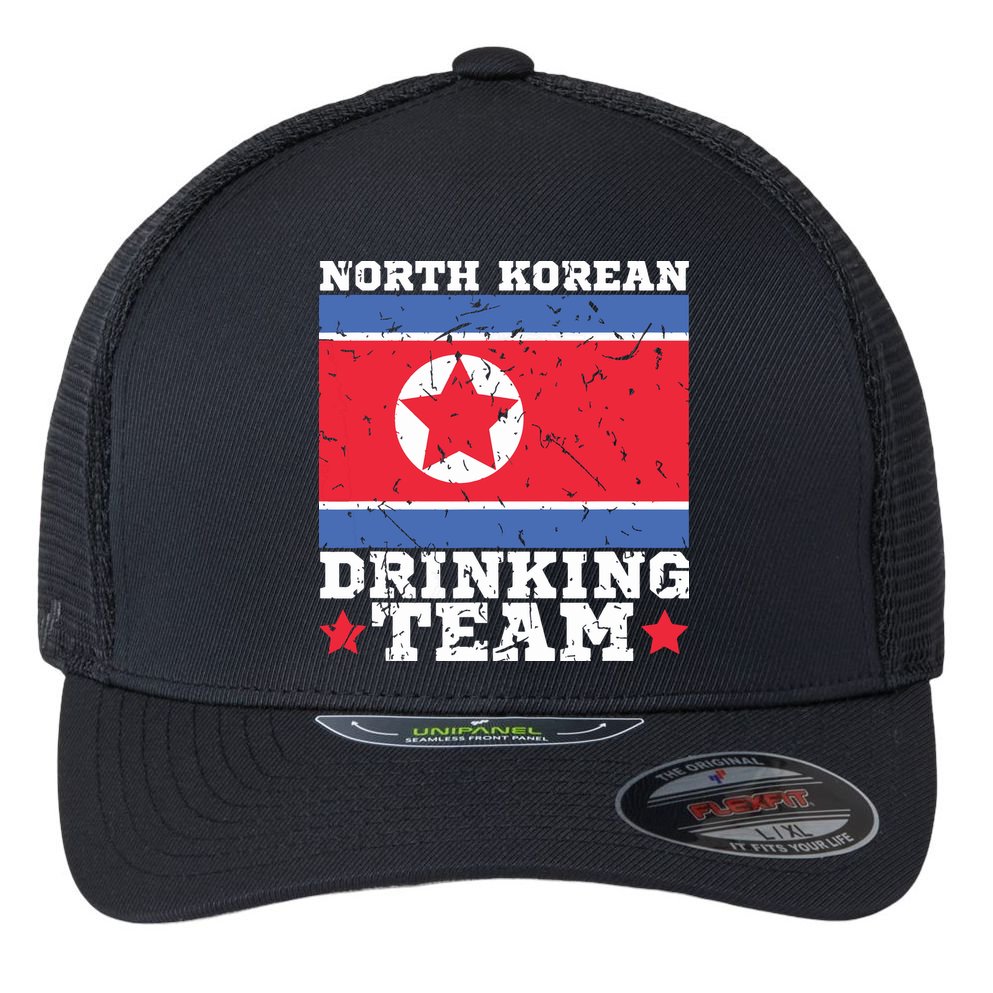 North Korean Drinking Team Funny North Korea Flag Beer Flexfit Unipanel Trucker Cap