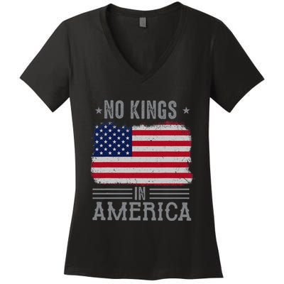 No Kings In America Flag Protest Save Democracy Women's V-Neck T-Shirt