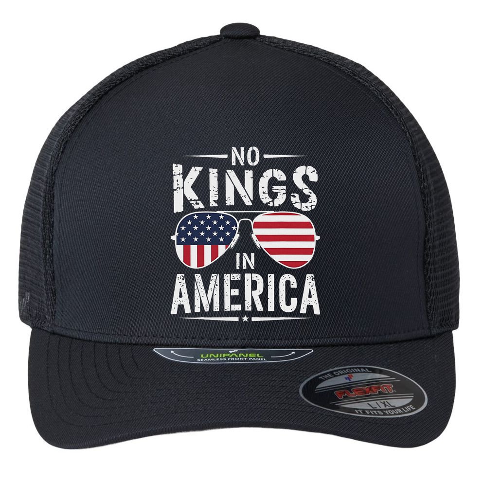 No Kings In America Sunglasses Us Flag Funny Anti Trump Flexfit Unipanel Trucker Cap