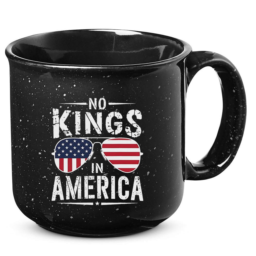 No Kings In America Sunglasses Us Flag Funny Anti Trump 15oz Campfire Ceramic Mug