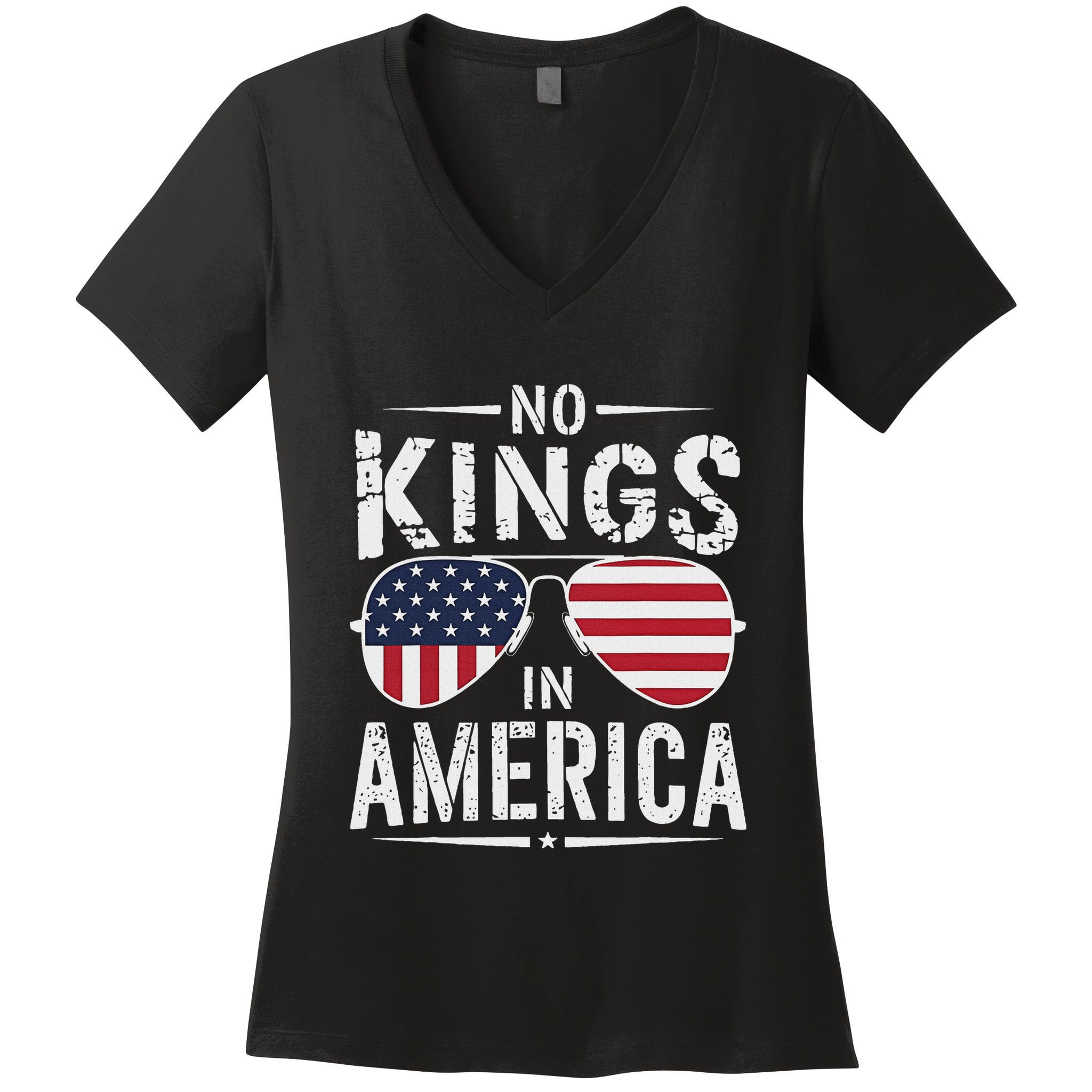 No Kings In America Sunglasses Us Flag Funny Anti Trump Women's V-Neck T-Shirt