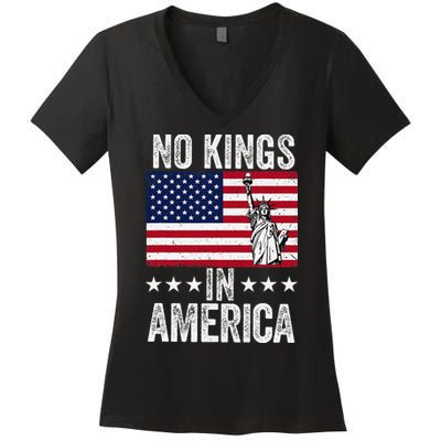 No Kings In America Flag Protest Save Democracy Women's V-Neck T-Shirt