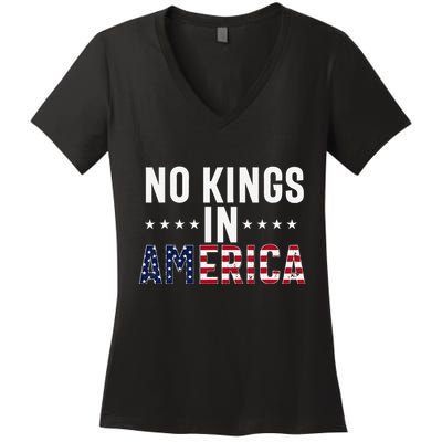 No Kings In America Flag Protest Save Democracy Women's V-Neck T-Shirt