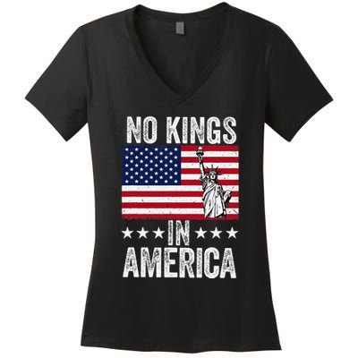 No Kings In America Flag Protest Save Democracy Women's V-Neck T-Shirt
