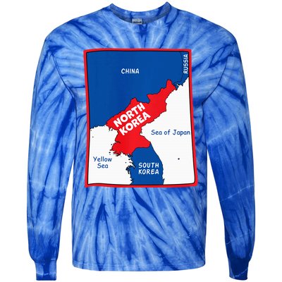 North Korea Map In Flag Colors. Surrounding Countries & Seas Tie-Dye Long Sleeve Shirt