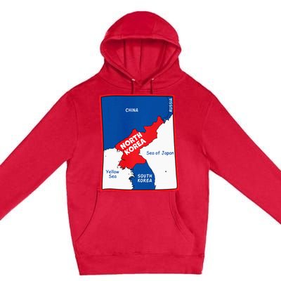 North Korea Map In Flag Colors. Surrounding Countries & Seas Premium Pullover Hoodie