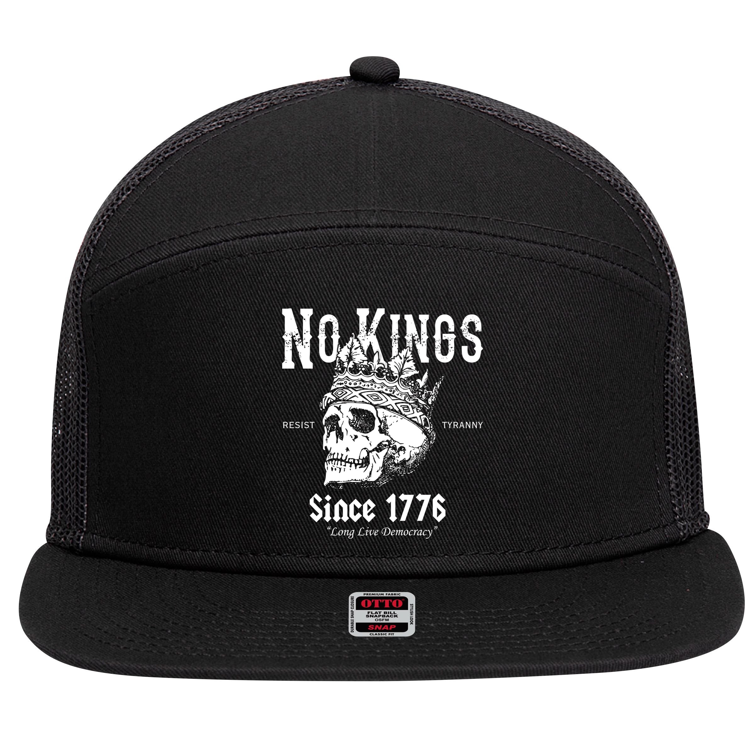 No Kings Since 1776 Skull Resist Long Live Democracy 7 Panel Mesh Trucker Snapback Hat