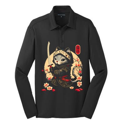 Ninja Kitten Warriors Japanese Samurai Cat Tattoo Kawaii Ninja Cat Silk Touch Performance Long Sleeve Polo