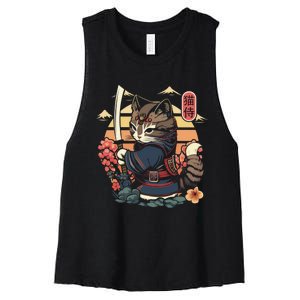 Ninja Kitten Warriors Japanese Samurai Cat Tattoo Kawaii Ninja Cat Women's Racerback Cropped Tank