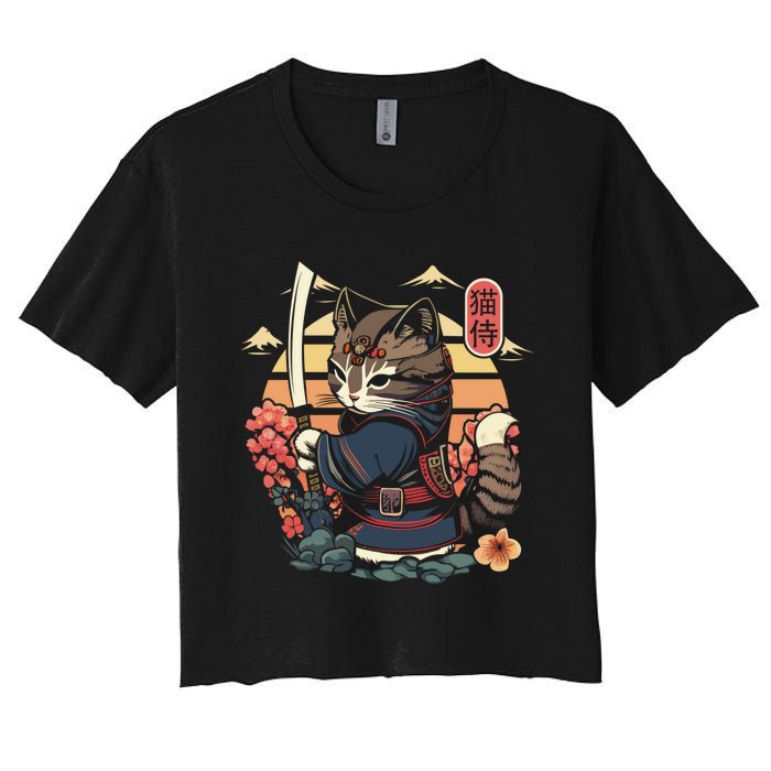 Ninja Kitten Warriors Japanese Samurai Cat Tattoo Kawaii Ninja Cat Women's Crop Top Tee