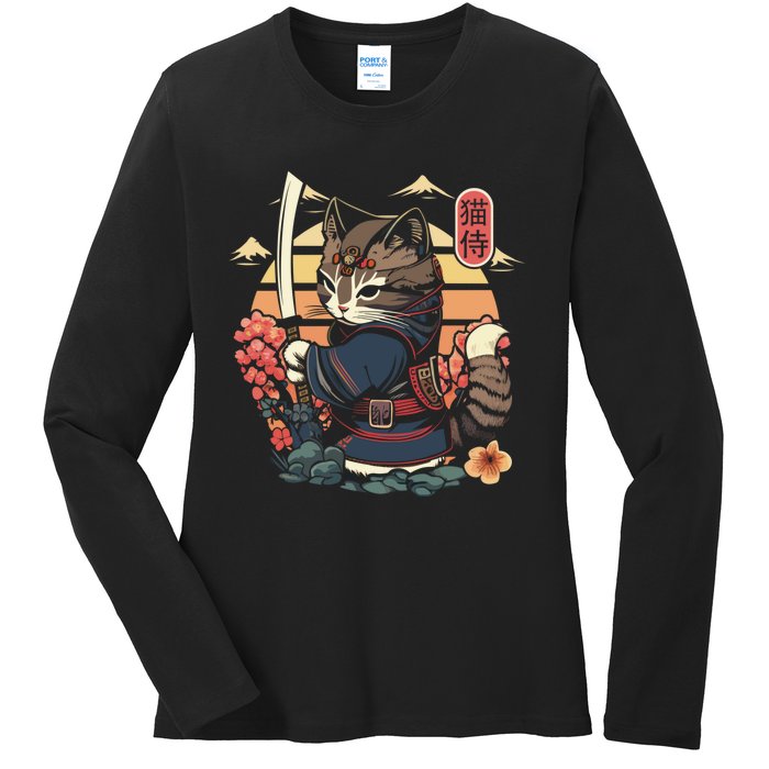 Ninja Kitten Warriors Japanese Samurai Cat Tattoo Kawaii Ninja Cat Ladies Long Sleeve Shirt