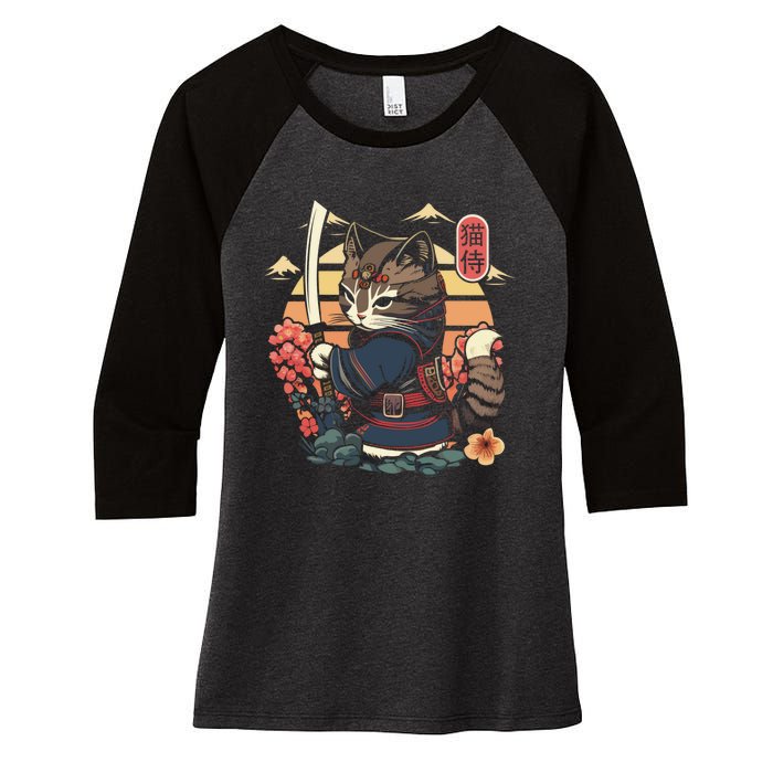 Ninja Kitten Warriors Japanese Samurai Cat Tattoo Kawaii Ninja Cat Women's Tri-Blend 3/4-Sleeve Raglan Shirt