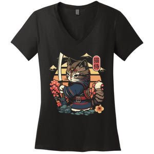 Ninja Kitten Warriors Japanese Samurai Cat Tattoo Kawaii Ninja Cat Women's V-Neck T-Shirt