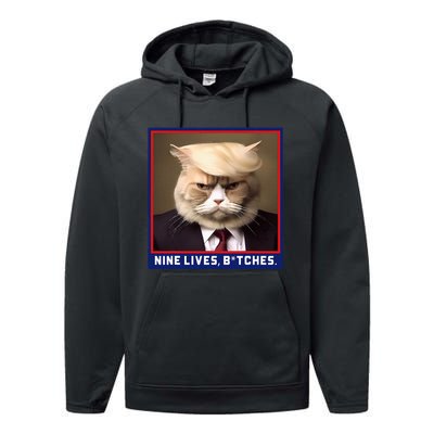 Nine Lives Bitches Funny Shooting Trump Cat Political Performance Fleece Hoodie