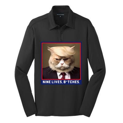 Nine Lives Bitches Funny Shooting Trump Cat Political Silk Touch Performance Long Sleeve Polo