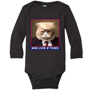 Nine Lives Bitches Funny Shooting Trump Cat Political Baby Long Sleeve Bodysuit