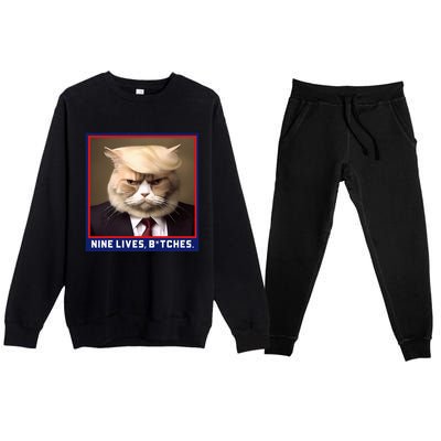 Nine Lives Bitches Funny Shooting Trump Cat Political Premium Crewneck Sweatsuit Set