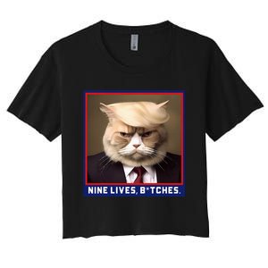 Nine Lives Bitches Funny Shooting Trump Cat Political Women's Crop Top Tee