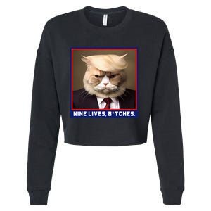 Nine Lives Bitches Funny Shooting Trump Cat Political Cropped Pullover Crew