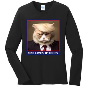 Nine Lives Bitches Funny Shooting Trump Cat Political Ladies Long Sleeve Shirt