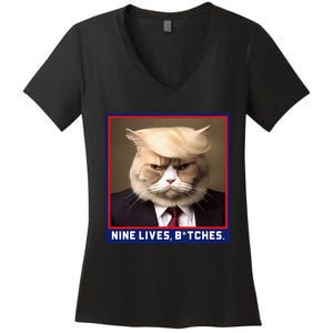 Nine Lives Bitches Funny Shooting Trump Cat Political Women's V-Neck T-Shirt