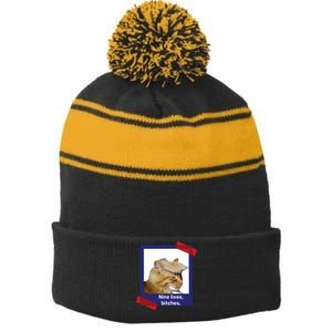 Nine Lives Bitches Funny Trump Cat Stripe Pom Pom Beanie