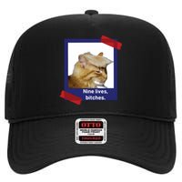 Nine Lives Bitches Funny Trump Cat High Crown Mesh Back Trucker Hat