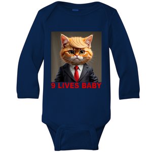 Nine Lives Baby Cat In Suite With Trump Hair Funny Baby Long Sleeve Bodysuit