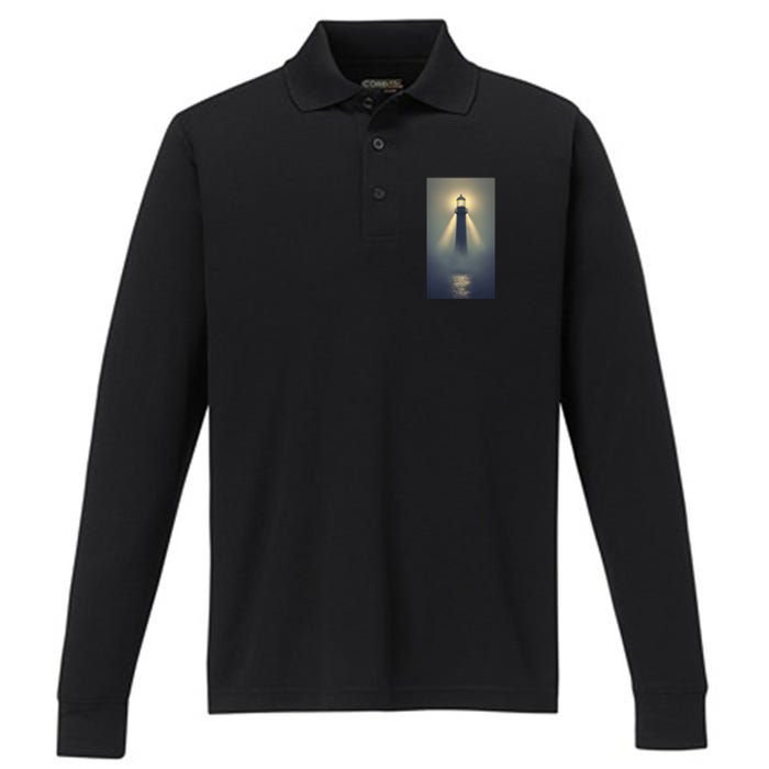 Nautical Lighthouse Beam Ocean Maritime Fog Performance Long Sleeve Polo