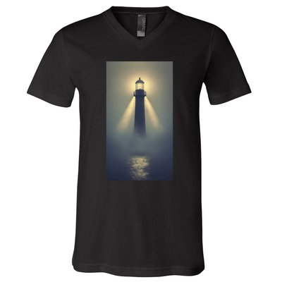 Nautical Lighthouse Beam Ocean Maritime Fog V-Neck T-Shirt