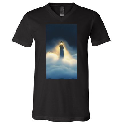 Nautical Lighthouse Beam Ocean Maritime Fog V-Neck T-Shirt